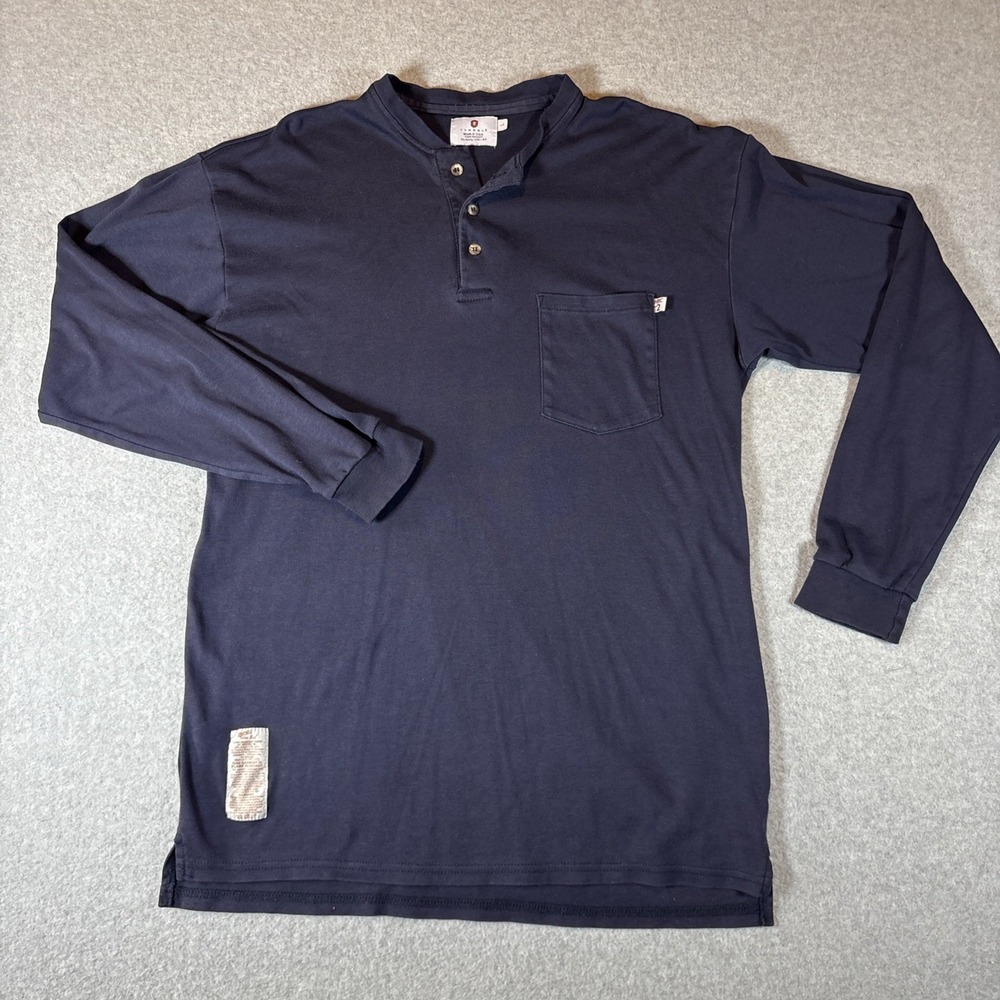 Tyndale FR HRC2 Blue Long Sleeve Henley Mens L USA Made W/ Pocket Fire Resistant